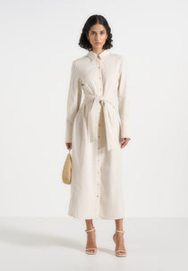 Fern - Linen Midi Shirt Dress With Tie Waist - Natural
