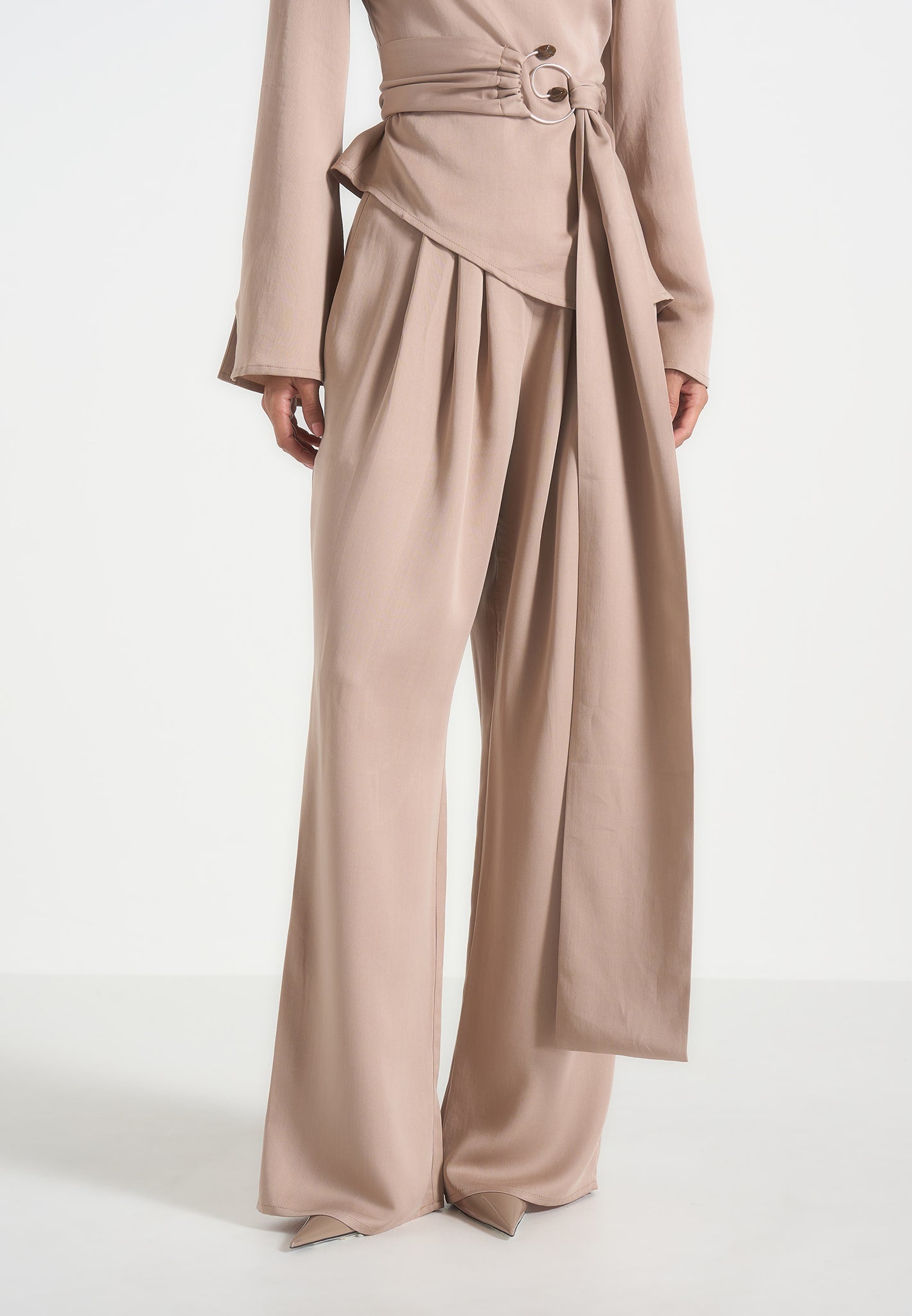 Aurore - Mock Neck Ring Belt Pleated Leg Jumpsuit - Beige 