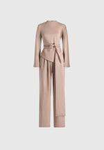 Aurore - Mock Neck Ring Belt Pleated Leg Jumpsuit - Beige