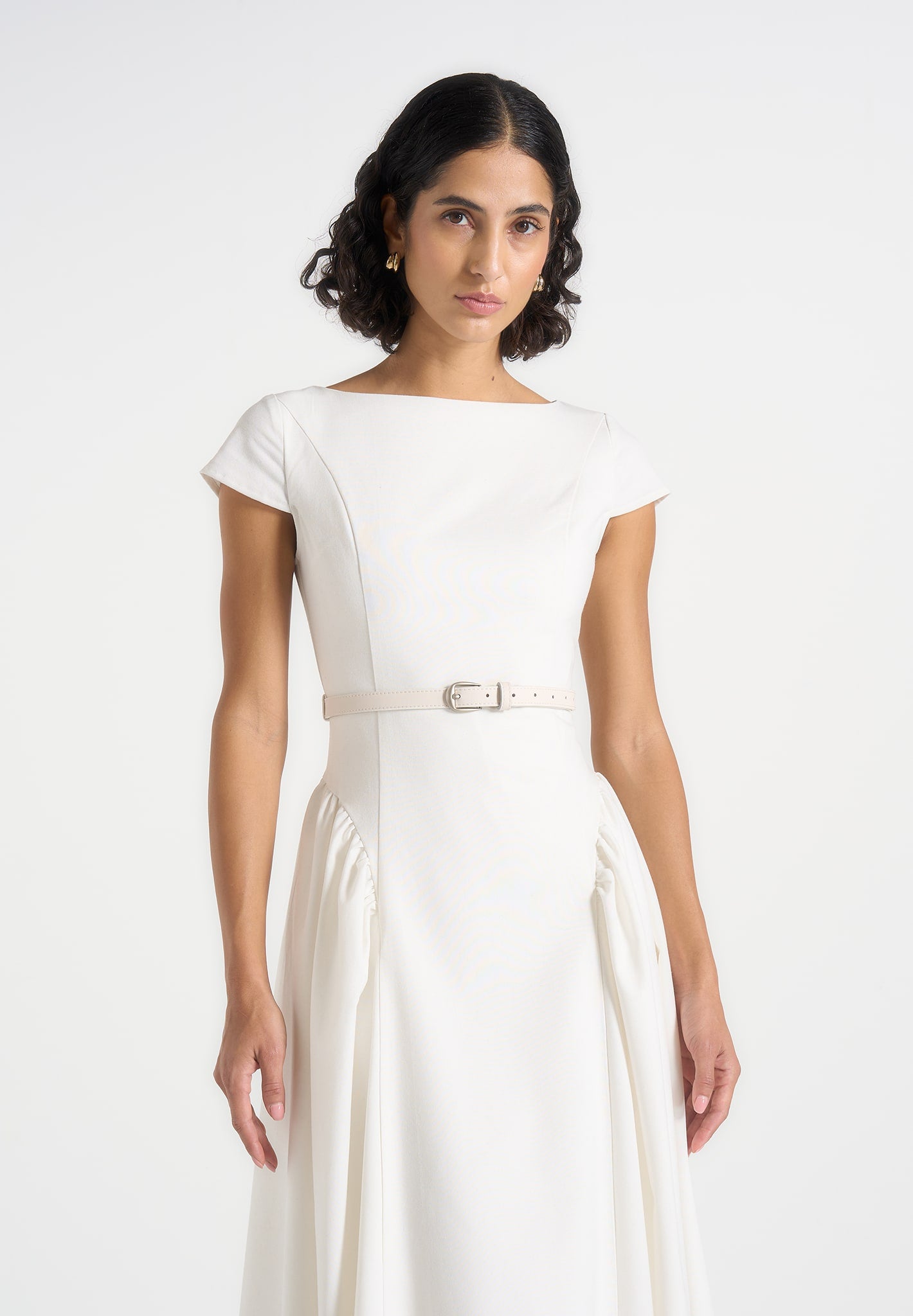 Gaia - Boat Neck Belted Pleated Midi Dress - White