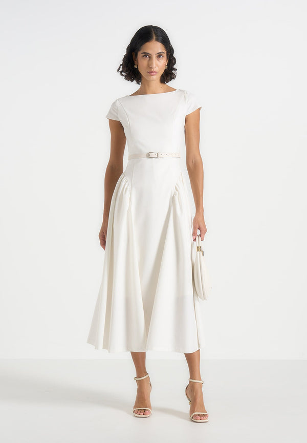 Gaia - Boat Neck Belted Pleated Midi Dress - White