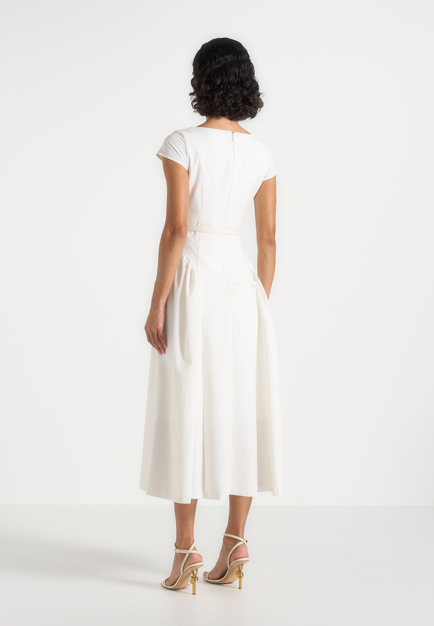 Gaia - Boat Neck Belted Pleated Midi Dress - White
