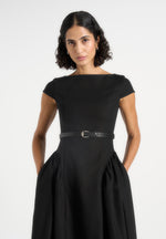 gaia-boat-neck-belted-pleated-midi-dress-black