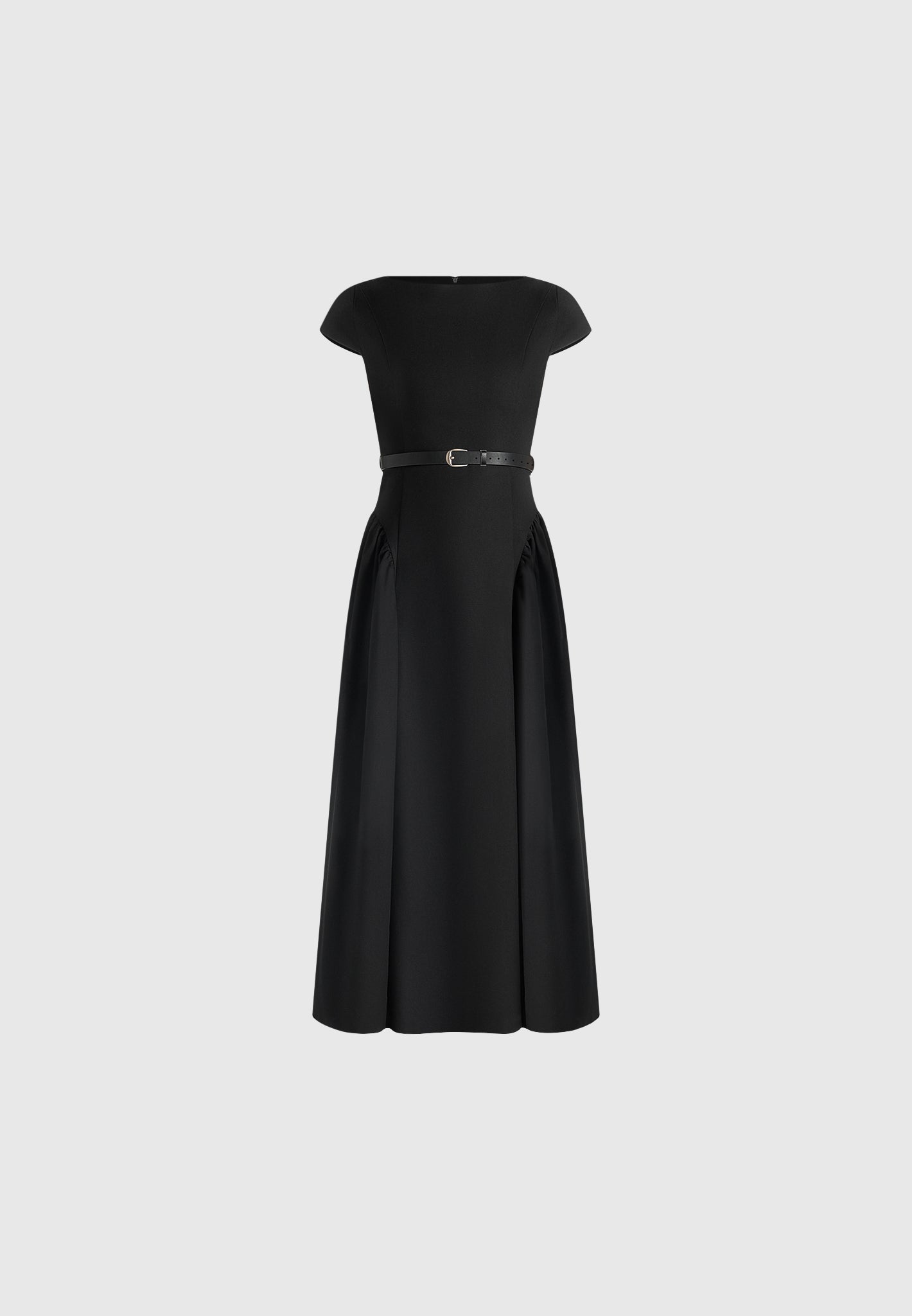 Gaia - Boat Neck Belted Pleated Midi Dress - Black