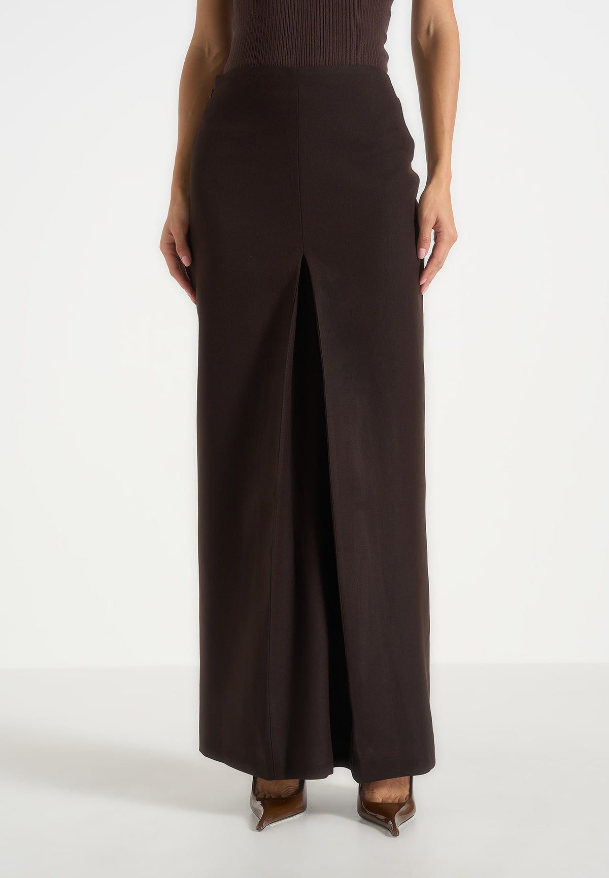 Regine - Tailored Box Pleat Maxi Skirt - Brown