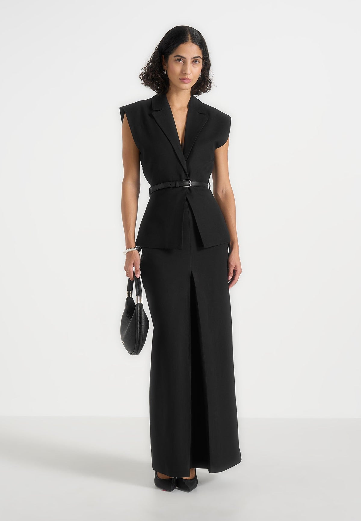 Regine - Tailored Box Pleat Maxi Skirt - Black