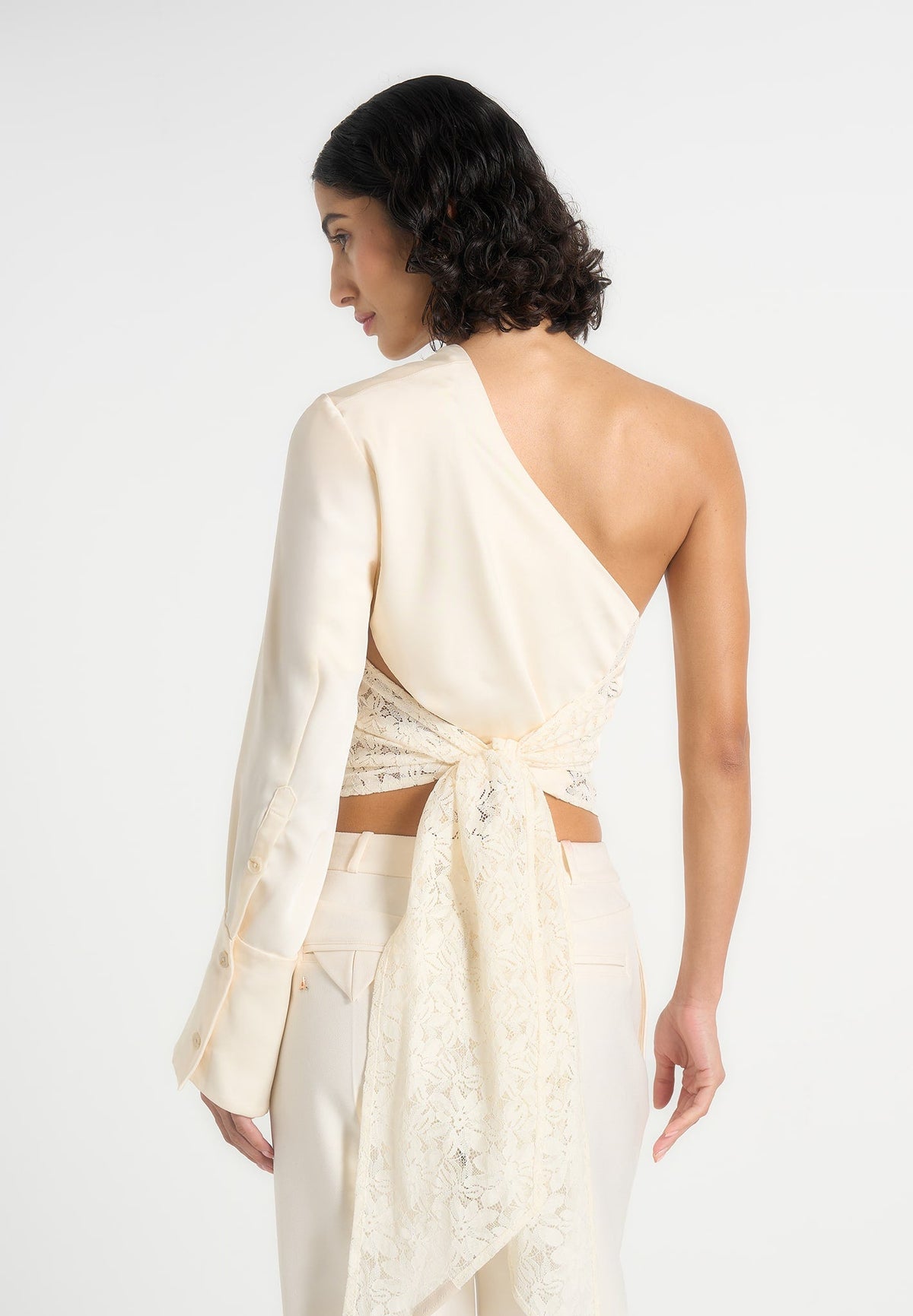 Coralie - One Sleeve Satin and Lace Wrap Top - Champagne
