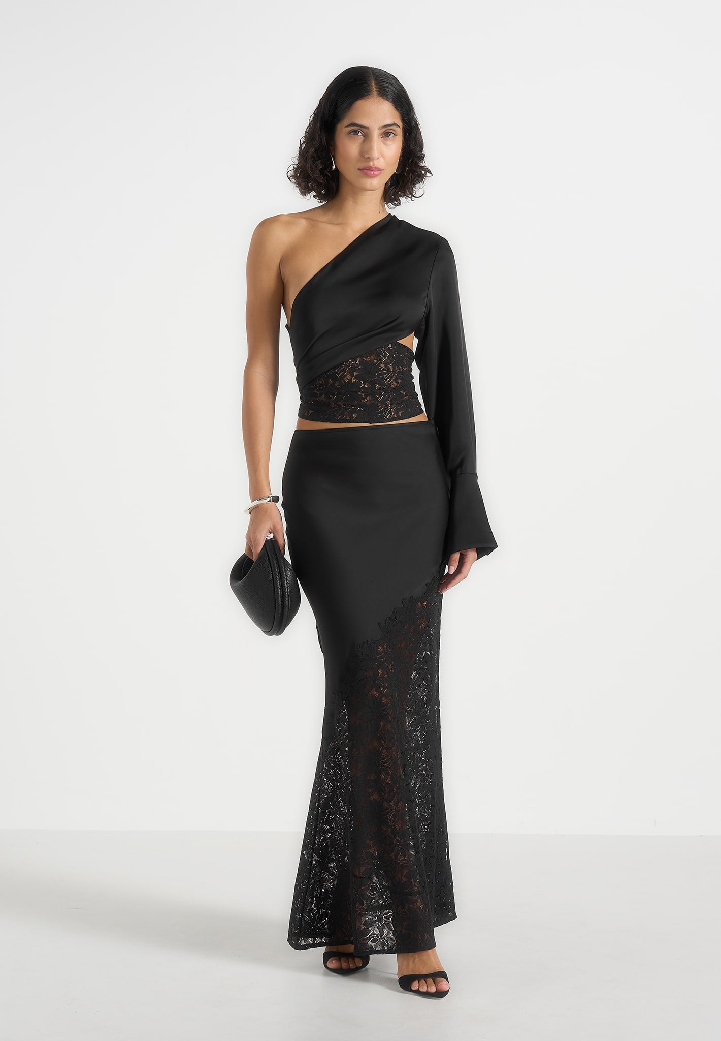 Belle - Satin and Lace Maxi Skirt - Black 