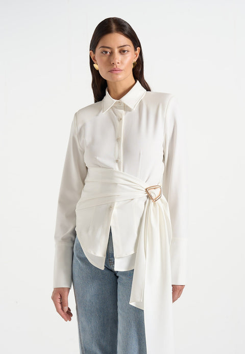 SPRING SEAON Chemisier et chemises à manches longues boutonnées en mousseline de soie col en V ample plissé pour le bureau, le travail, les affaires, blanc, XS