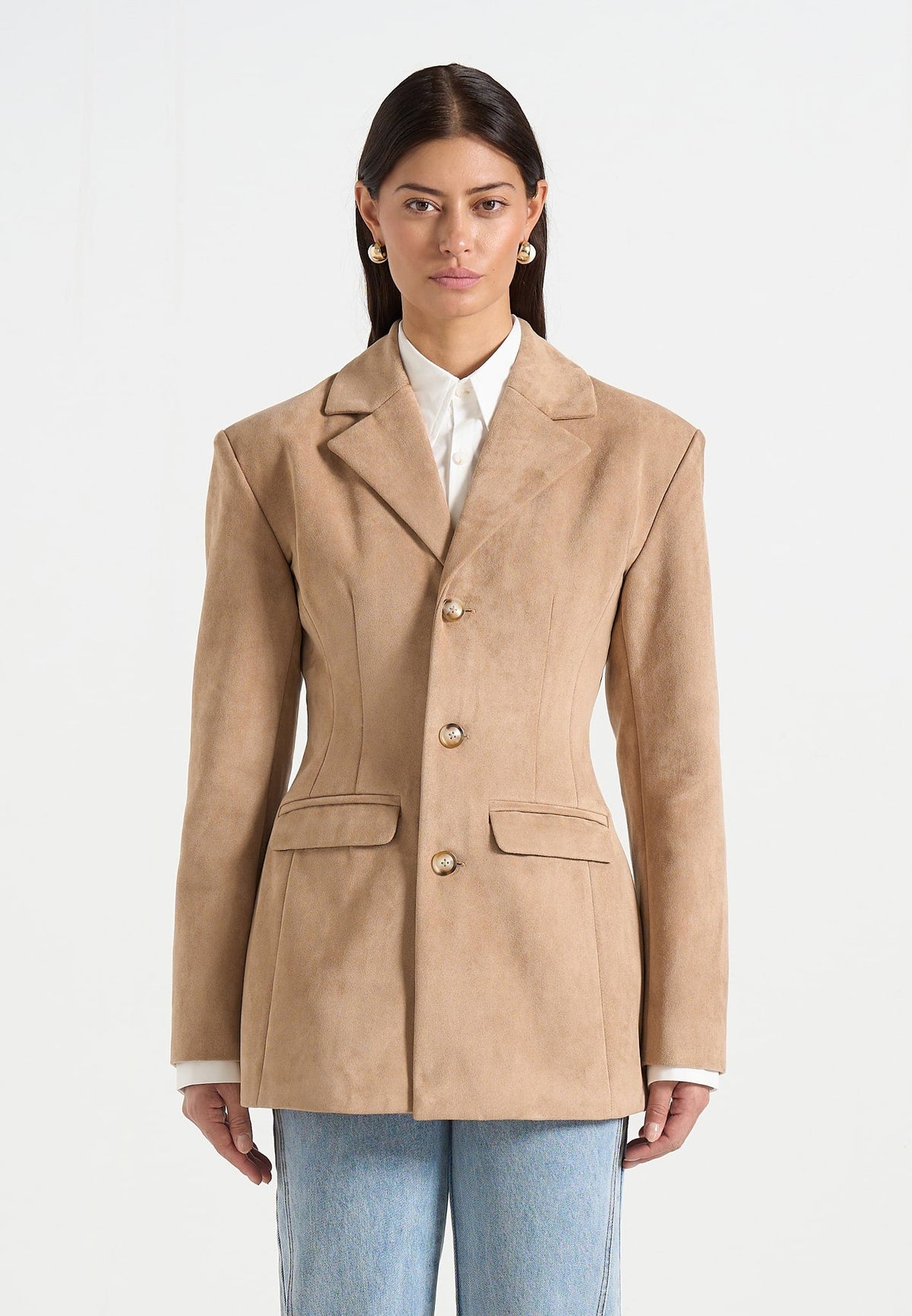 Claire - Suede Wide Shoulder Cinch Waist Blazer - Beige