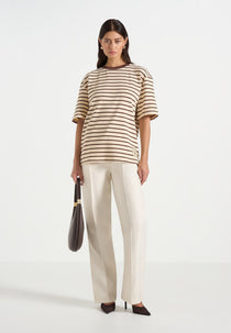 Riley - Unisex Striped Relaxed Fit Cotton T-Shirt - Cream/Brown