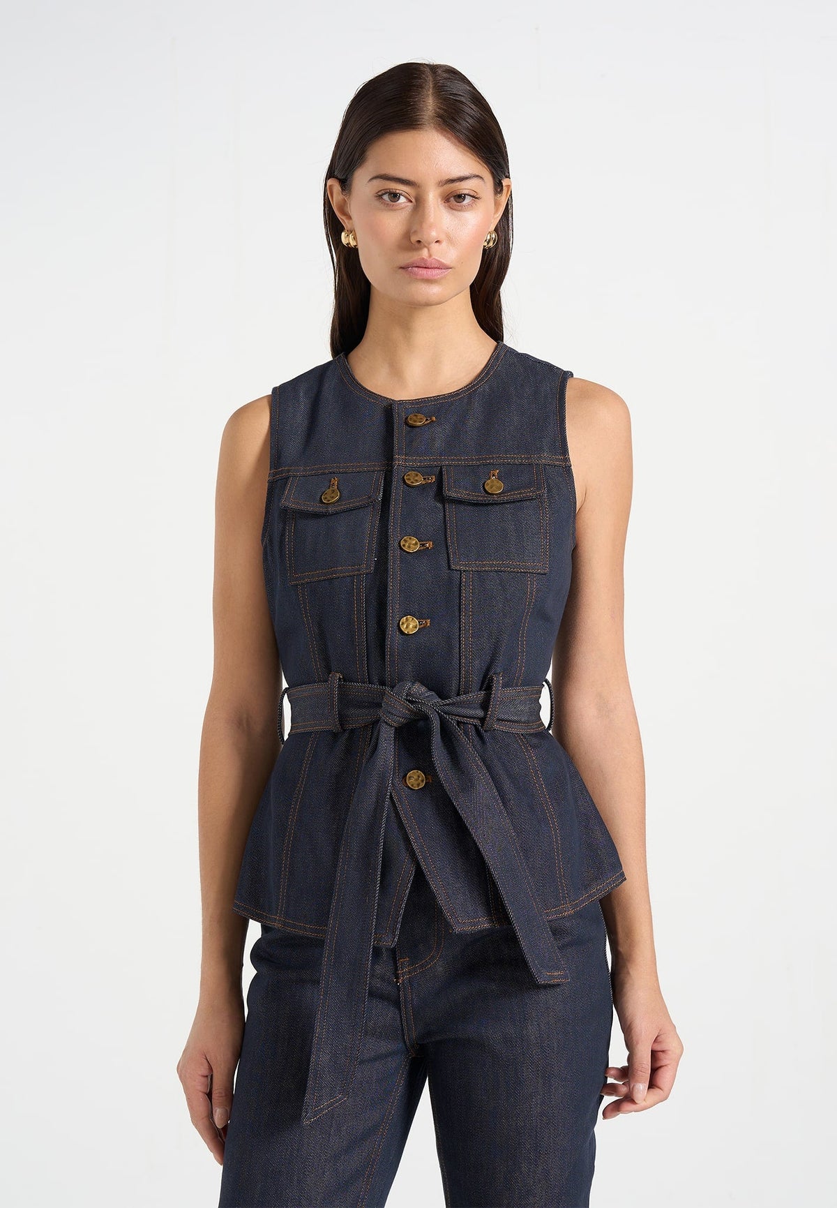 Darcy - Crew Neck Denim Waistcoat - Polished Indigo