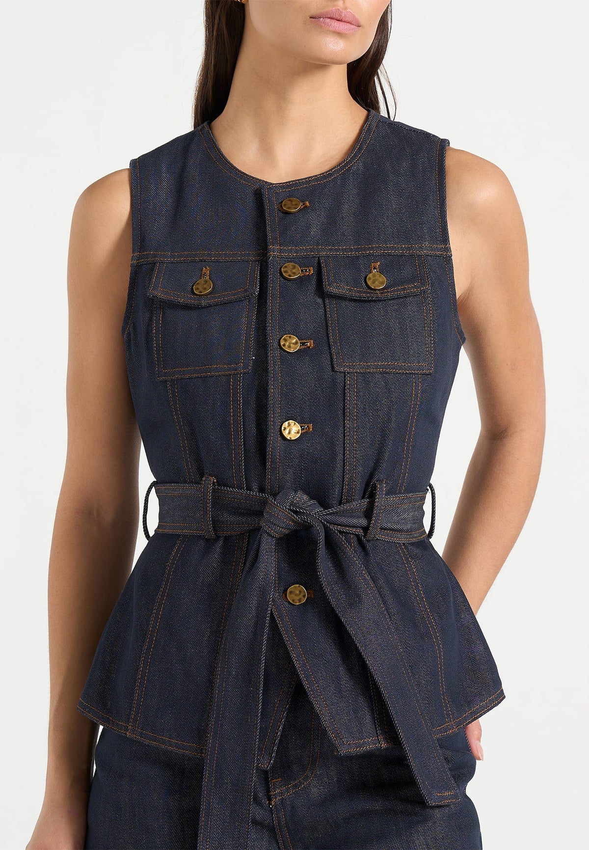 Darcy - Crew Neck Denim Waistcoat - Polished Indigo