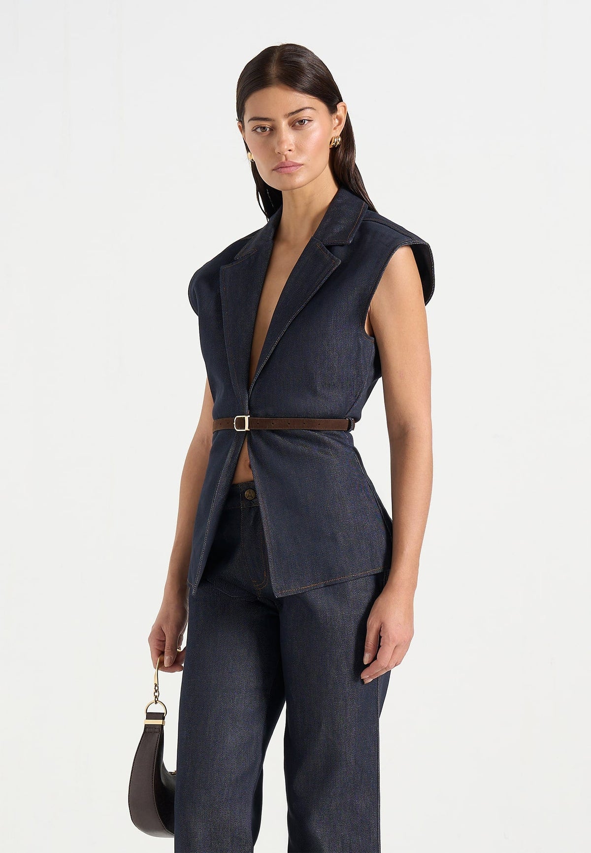 Linda - Wide Shoulder Cinched Denim Waistcoat - Indigo