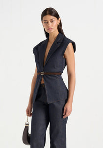 Linda - Wide Shoulder Cinched Denim Waistcoat - Indigo