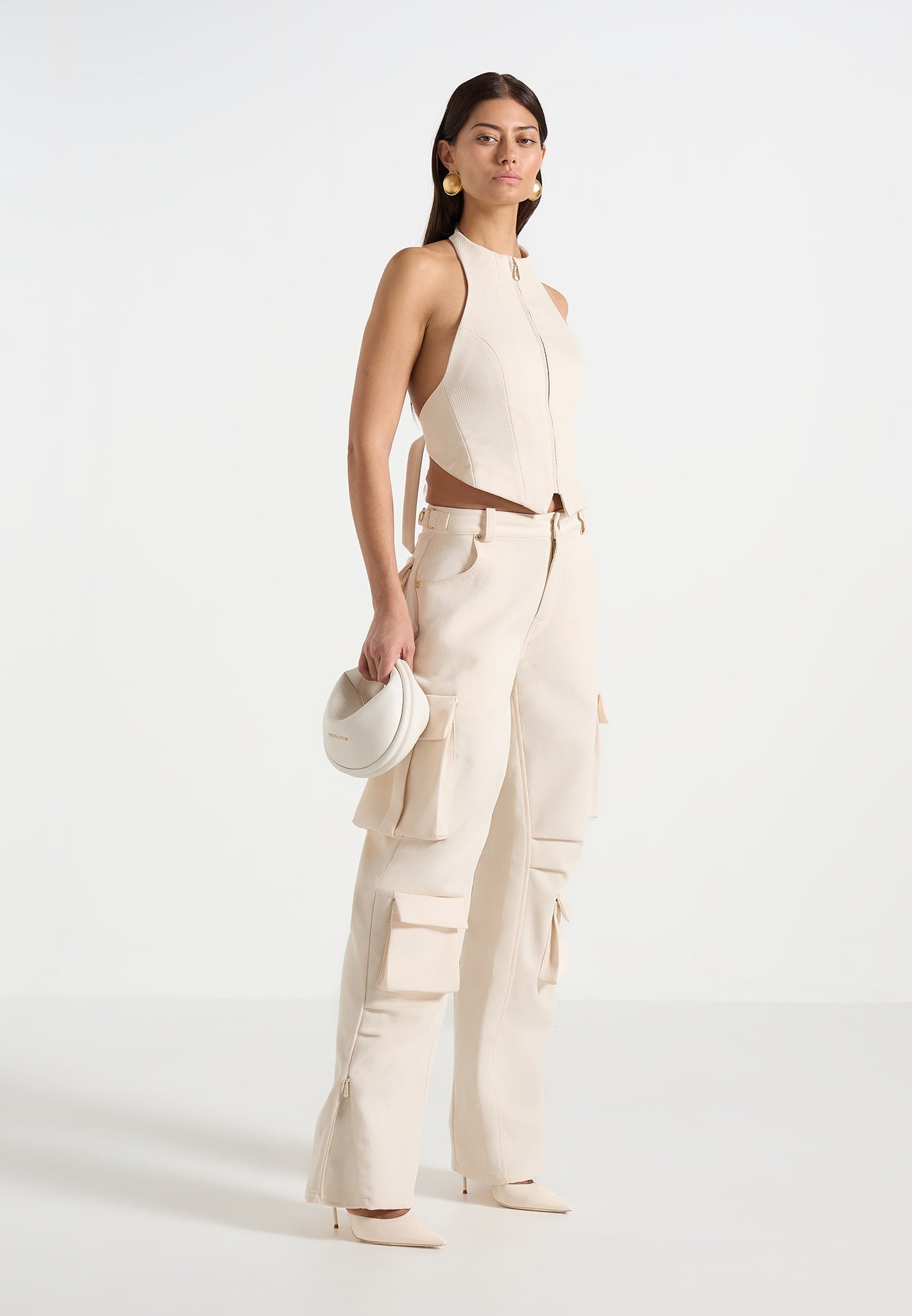 Claudette - Twill Halterneck Backless Top - Cream 