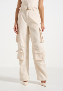 Emilie - High Waisted Twill Cargo Pants - Cream