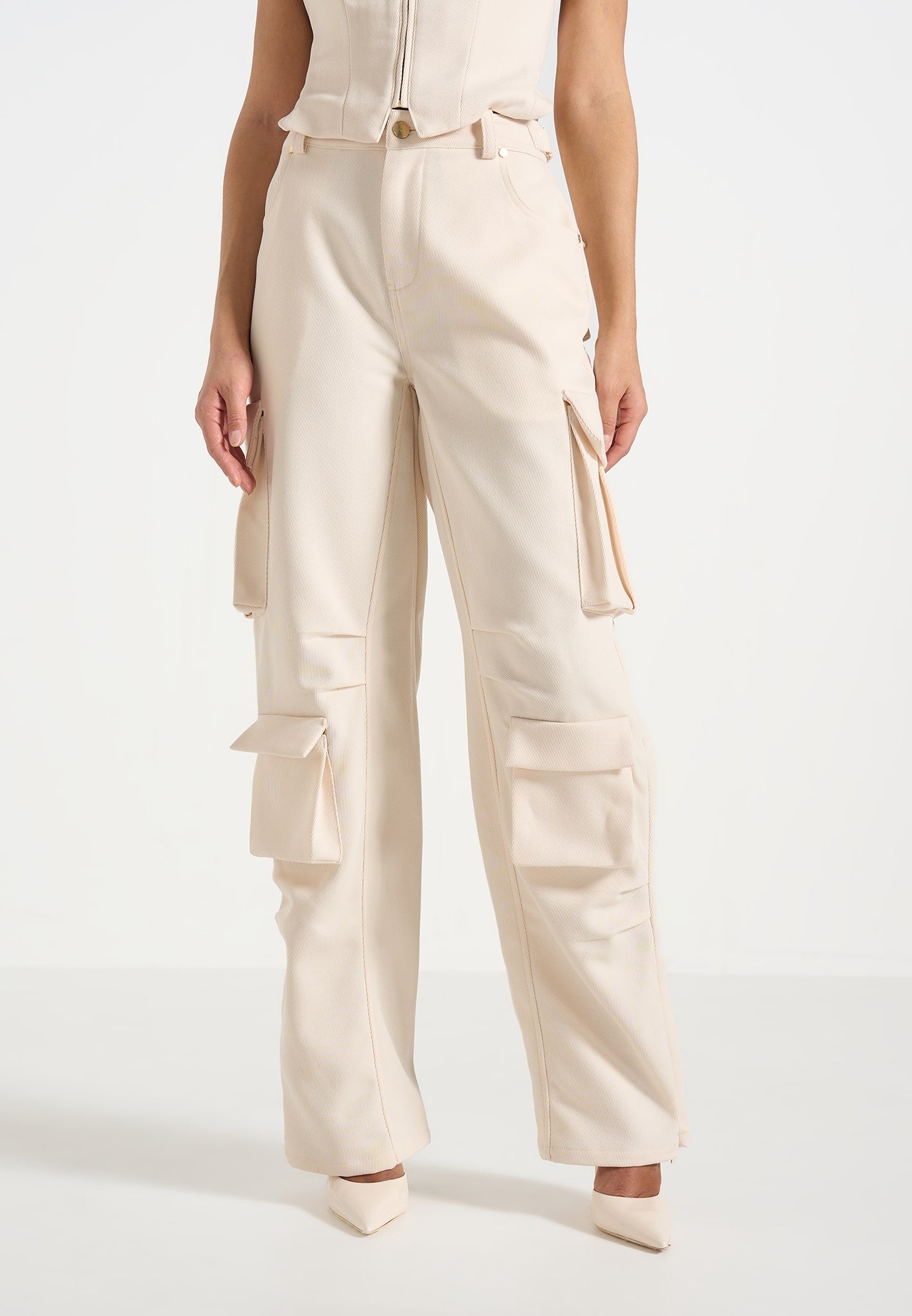 Emilie - High Waisted Twill Cargo Pants - Cream 