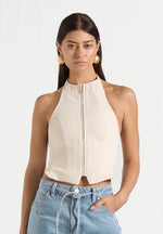 Claudette - Twill Halterneck Backless Top - Cream