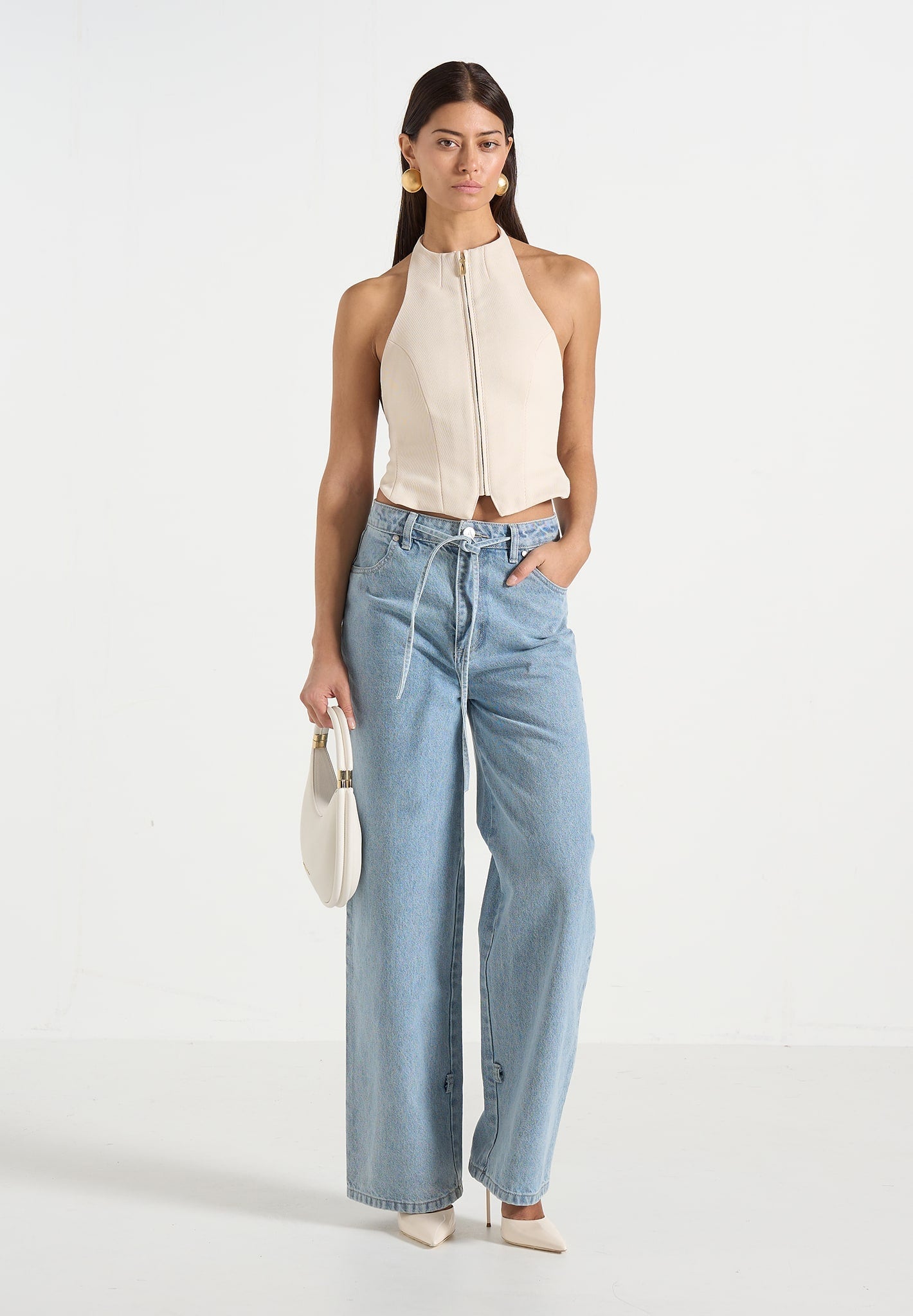 Claudette - Twill Halterneck Backless Top - Cream 