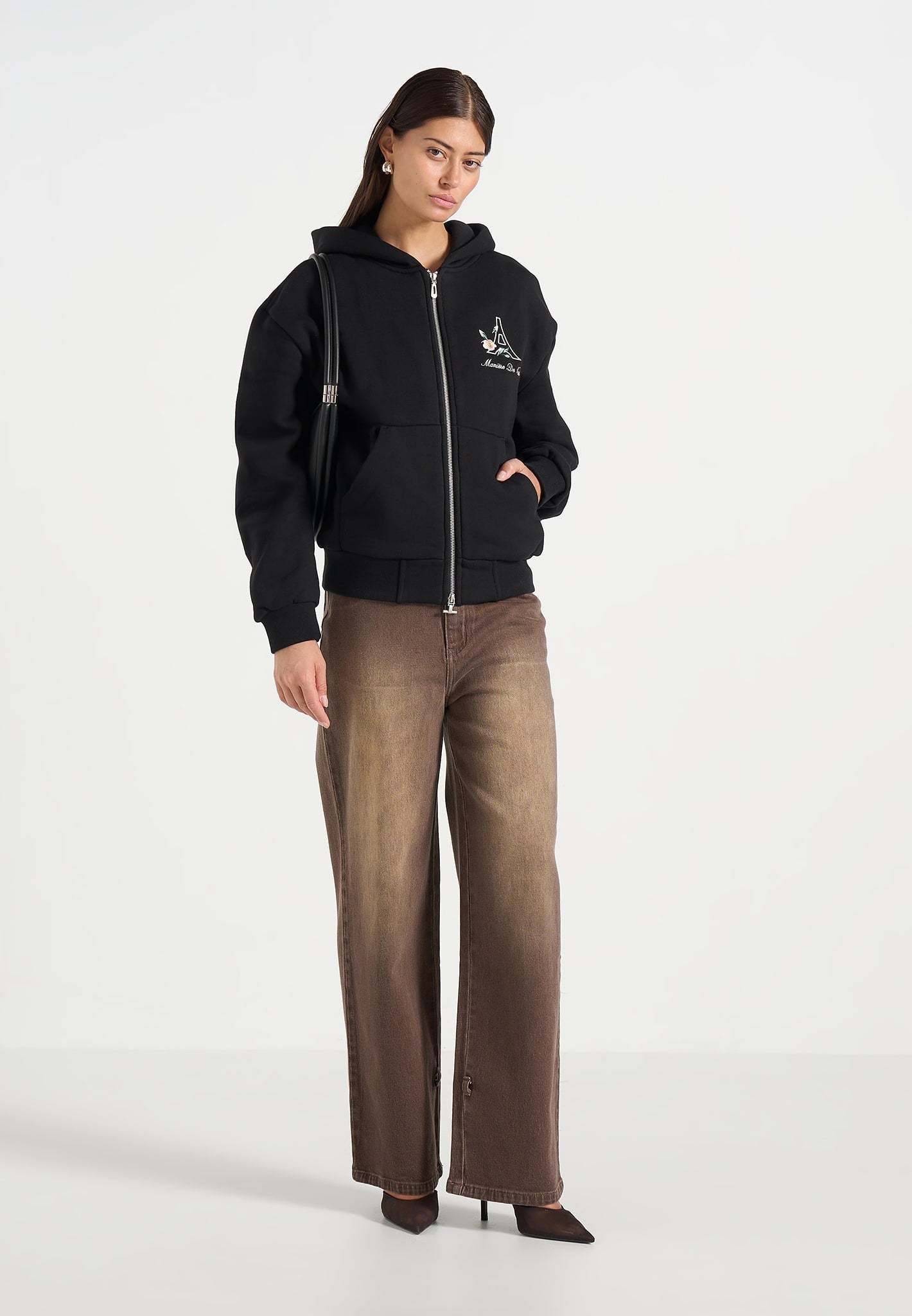 JS009 - Unisex Floral Eiffel Zip Hoodie - Black