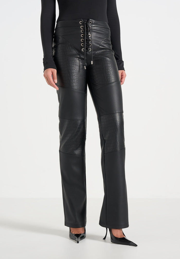 seren-croc-embossed-lace-up-trousers-black