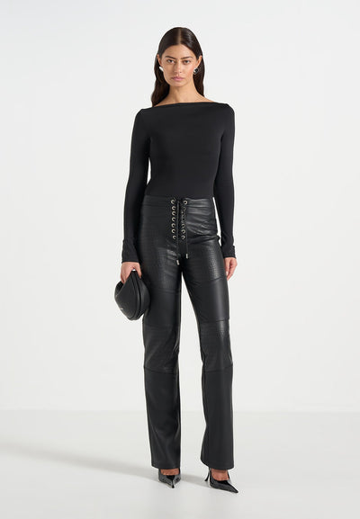 seren-croc-embossed-lace-up-trousers-black