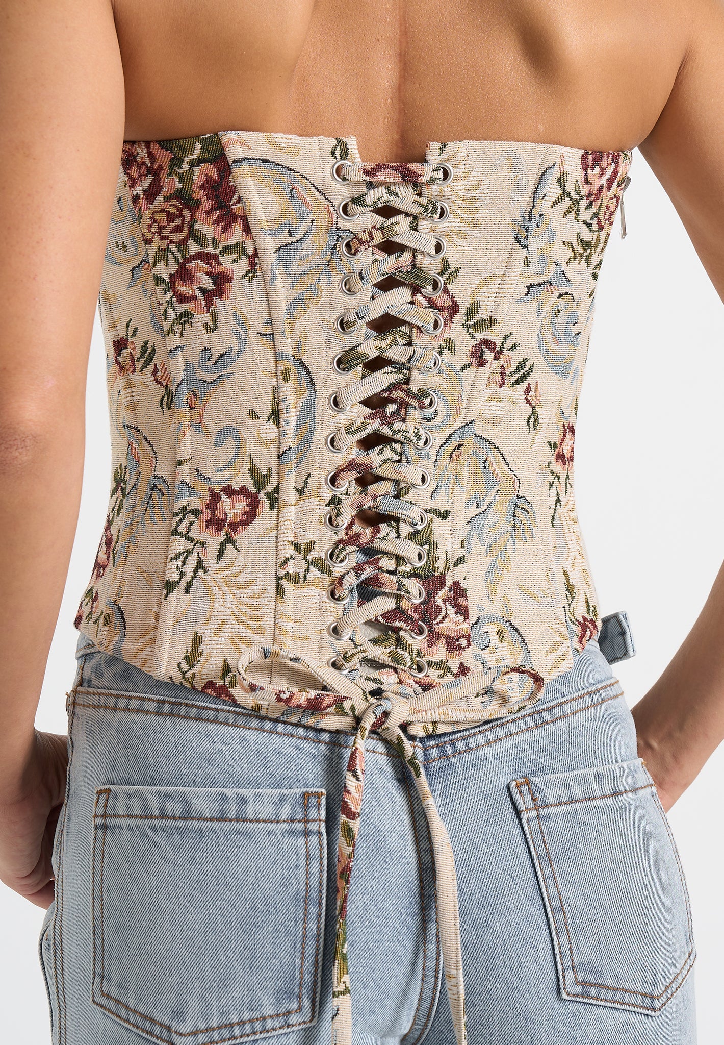 Scarlett - Tapestry Lace Up Corset  - Beige 