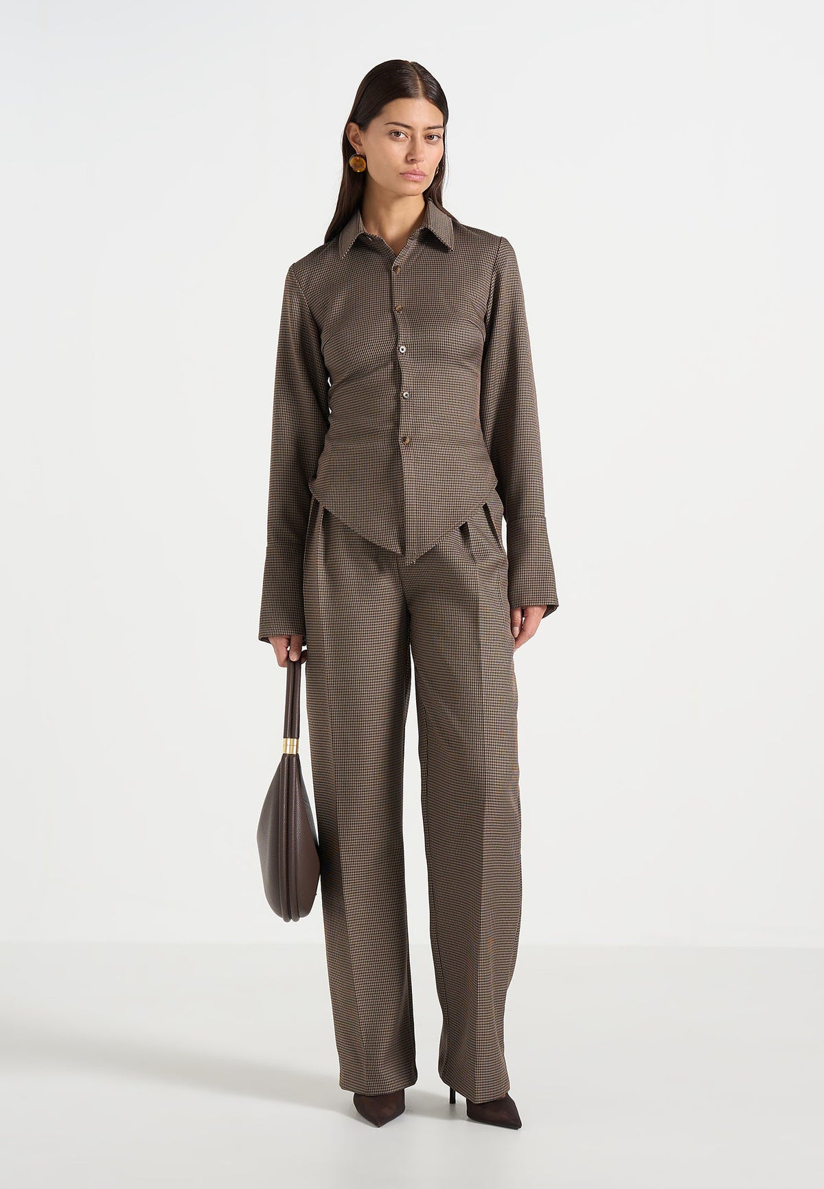 Julie - Houndstooth Twin Pleat Pants - Brown