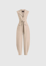 Kira - Tie-Waist Barrel Leg Tailored Jumpsuit - Beige