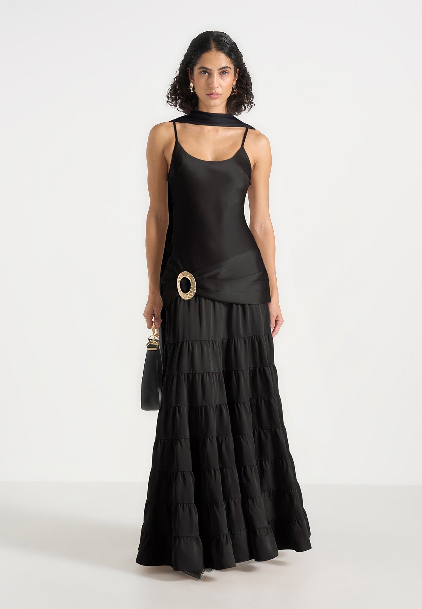 Naomi - Cami Satin Tiered Belted Maxi Dress - Black
