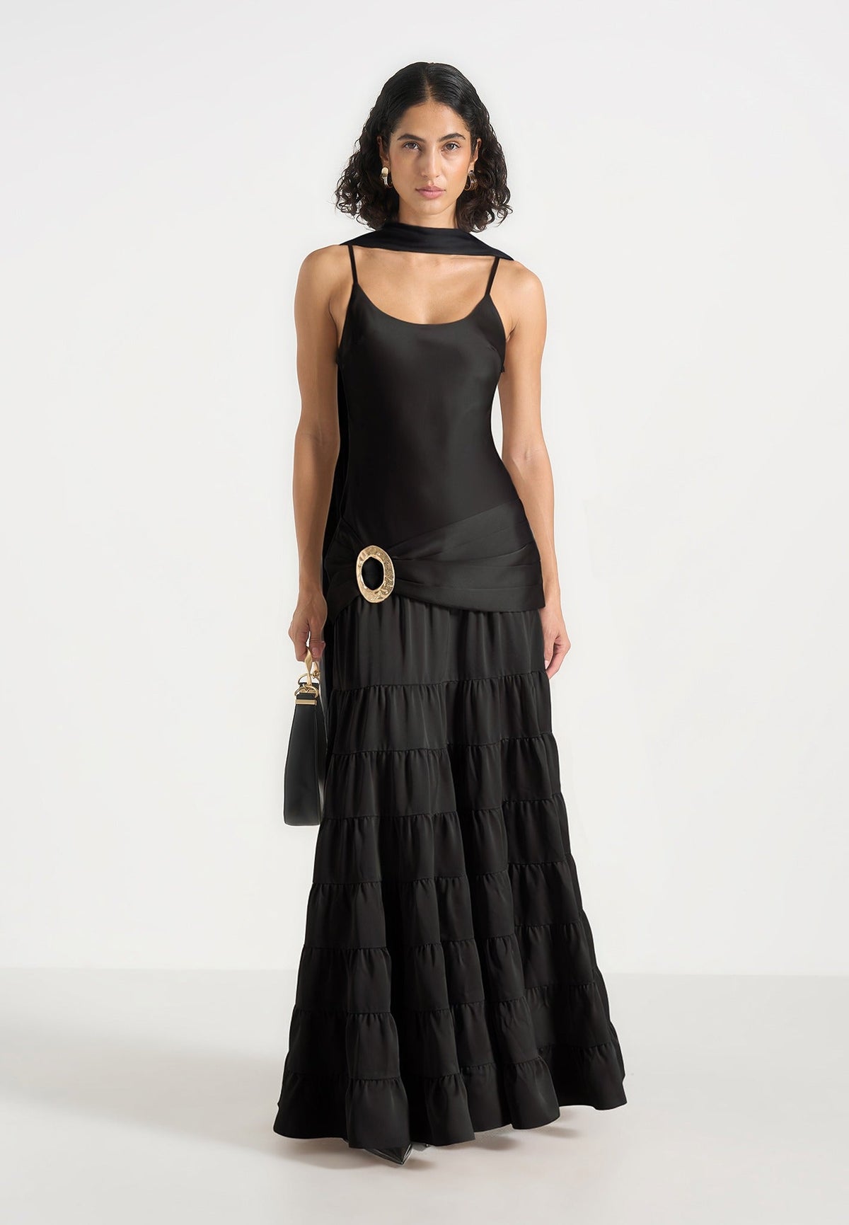 Naomi - Cami Satin Tiered Belted Maxi Dress - Black