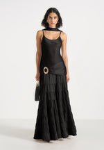 Naomi - Cami Satin Tiered Belted Maxi Dress - Black