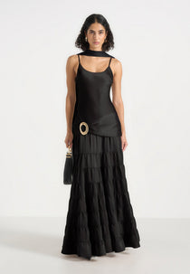 Naomi - Cami Satin Tiered Belted Maxi Dress - Black