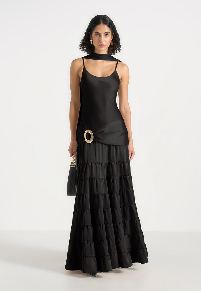 Naomi - Cami Satin Tiered Belted Maxi Dress - Black