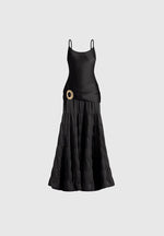 Naomi - Cami Satin Tiered Belted Maxi Dress - Black