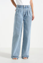 Lucy - Twin Pleat Wide-Leg Denim Jeans - Mid Blue