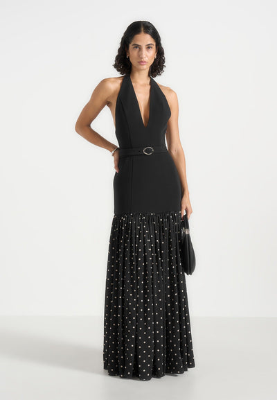 Deborah - Halter Neck Belted Polka Dot Pleat Maxi Dress - Black