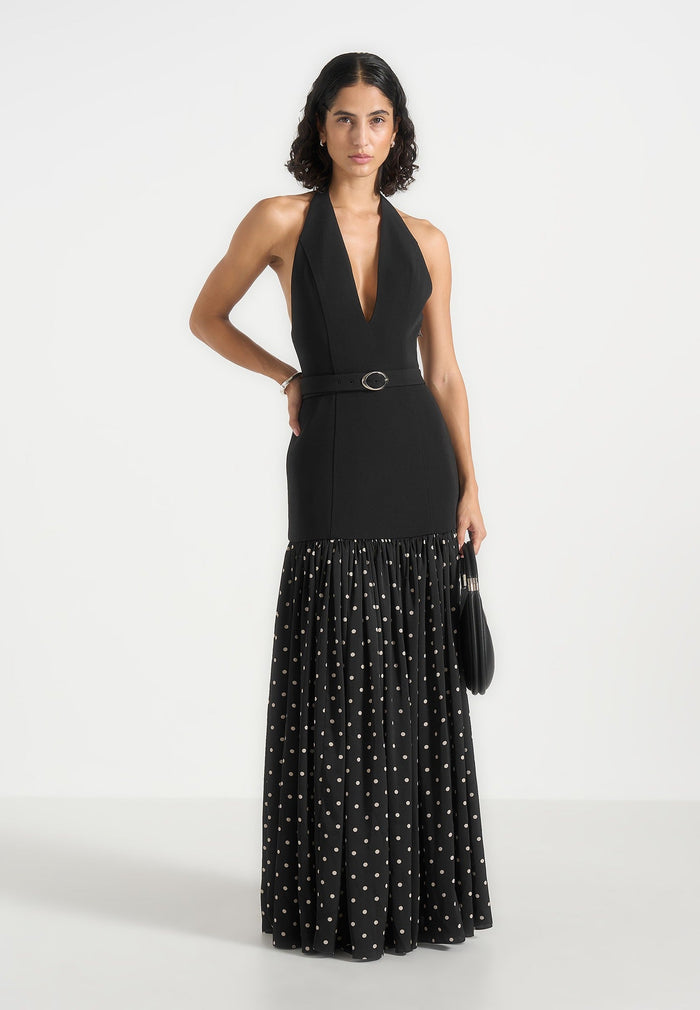 Deborah - Halter Neck Belted Polka Dot Pleat Maxi Dress - Black