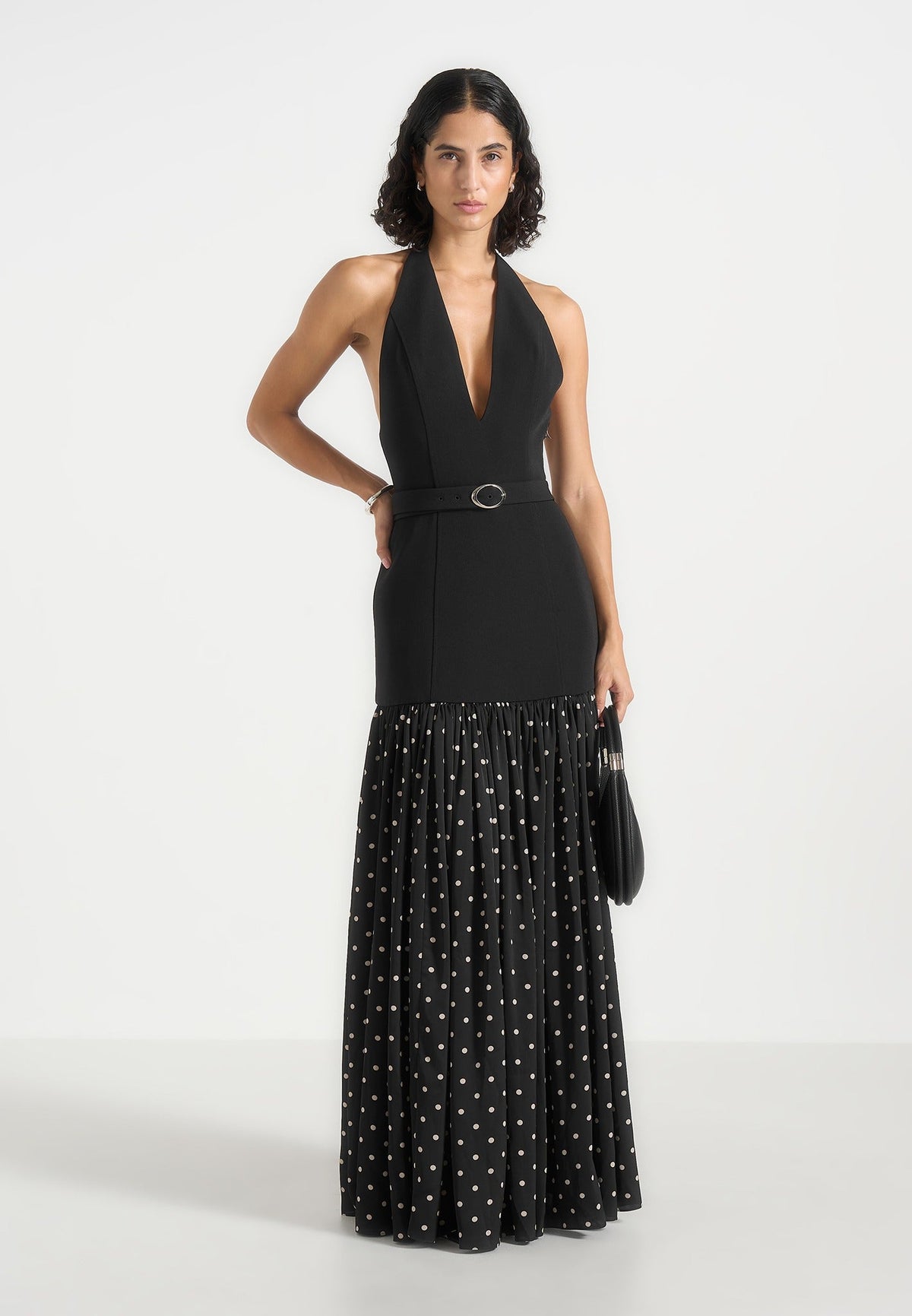 Deborah - Halter Neck Belted Polka Dot Pleat Maxi Dress - Black