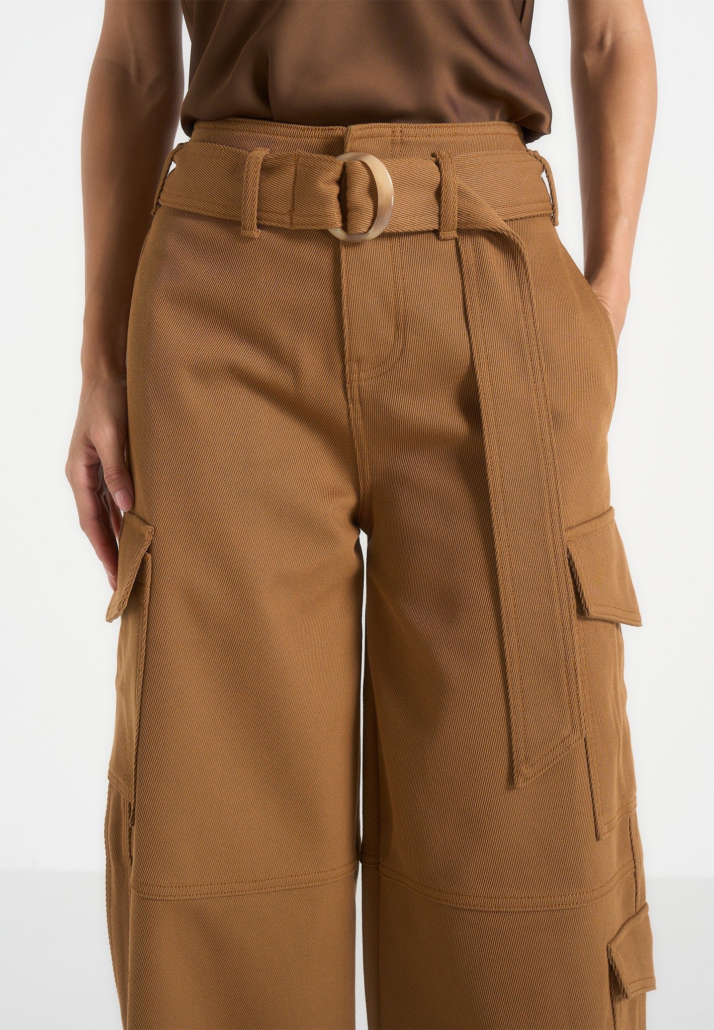Natalie - Belted Wide Leg Strap Cuff Cargo Pant - Fawn