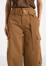 Natalie - Belted Wide Leg Strap Cuff Cargo Pant - Fawn