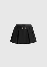 Rebecca - Pleated Belted Skort With Waistband - Black