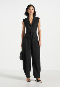Kira - Tie-Waist Barrel Leg Tailored Jumpsuit - Black