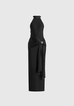 Willow - Halter Neck Clasp Detail Satin Sash Maxi Dress - Black