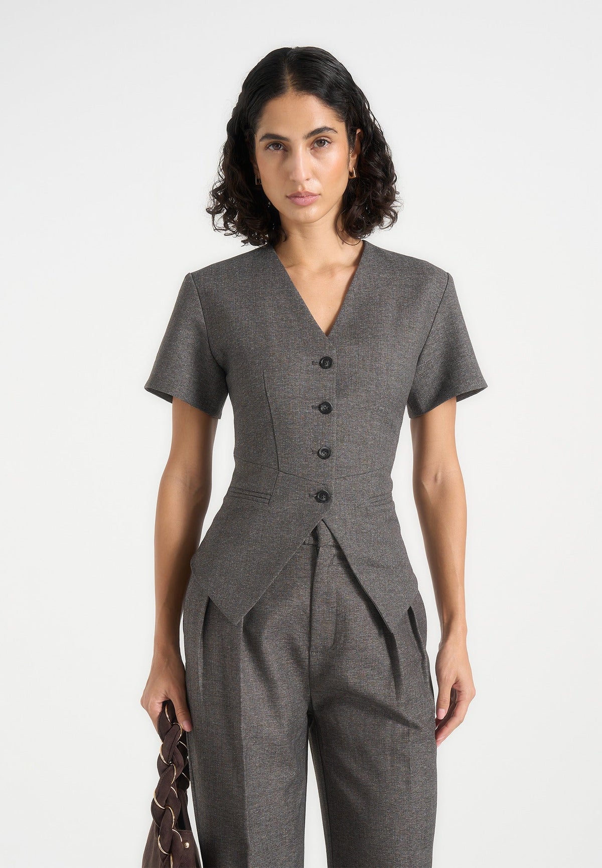Yolanda - Tailored Peplum Waistcoat - Grey Speckle