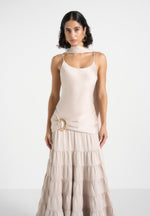 Naomi - Cami Satin Tiered Belted Maxi Dress - Champagne