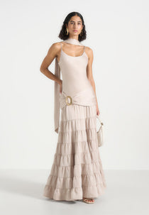 Naomi - Cami Satin Tiered Belted Maxi Dress - Champagne