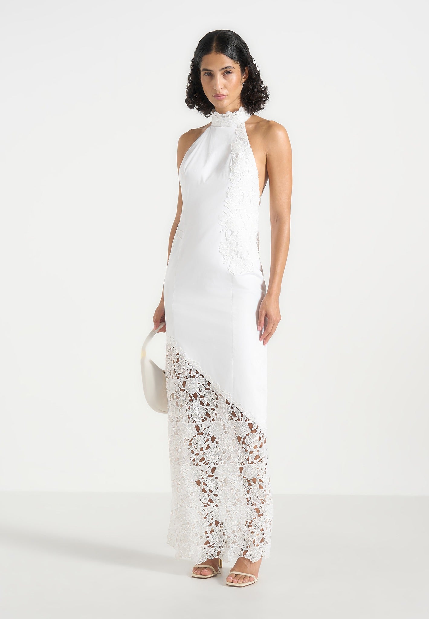 Macy - Halter Neck  Open Back Cotton Crochet Maxi Dress - White