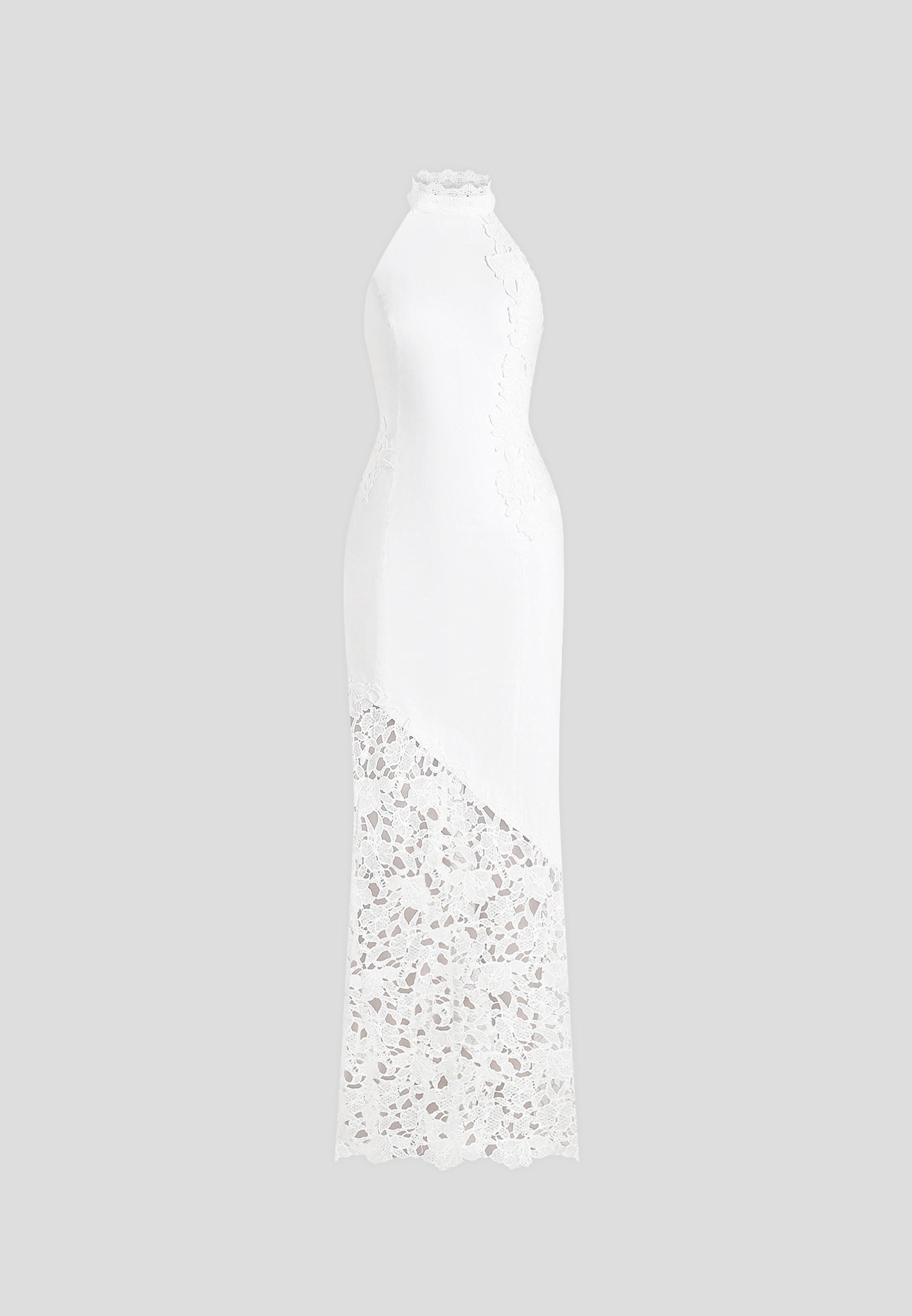 Macy - Halter Neck  Open Back Cotton Crochet Maxi Dress - White